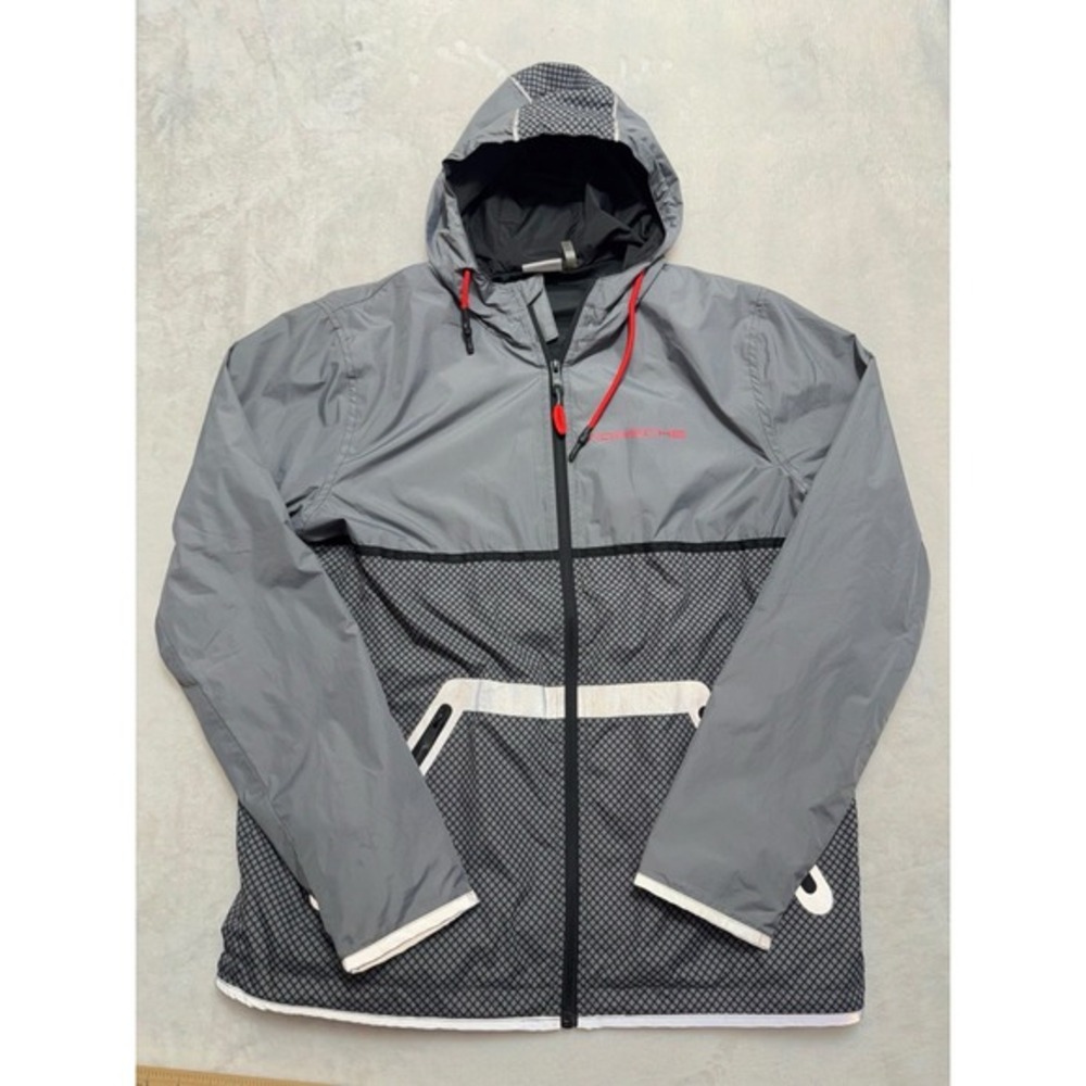 Grey Mesh Panel Hooded Full Zip Windbreaker Rain Jacket Outdoor Coat